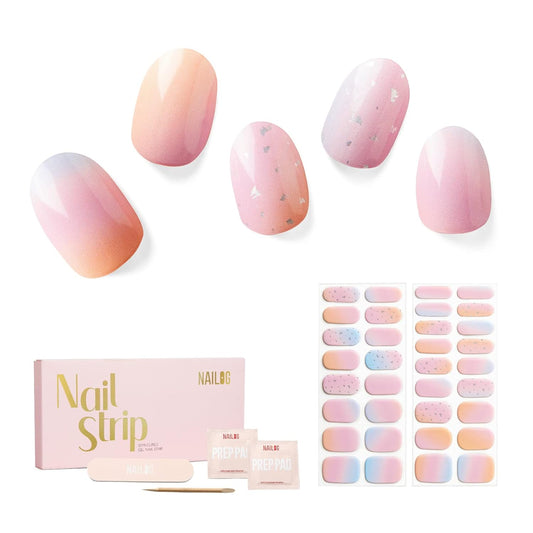 Nailog Semi Cured Gel Nail Strips 34 pcs | Long Lasting Nail Polish Sticker Wraps with Glossy Gel