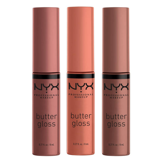 NYX PROFESSIONAL MAKEUP Butter Gloss Brown Sugar, Non-Sticky Lip Gloss - Pack Of 3 (Sugar High, Spiked Toffee, Butterscotch)