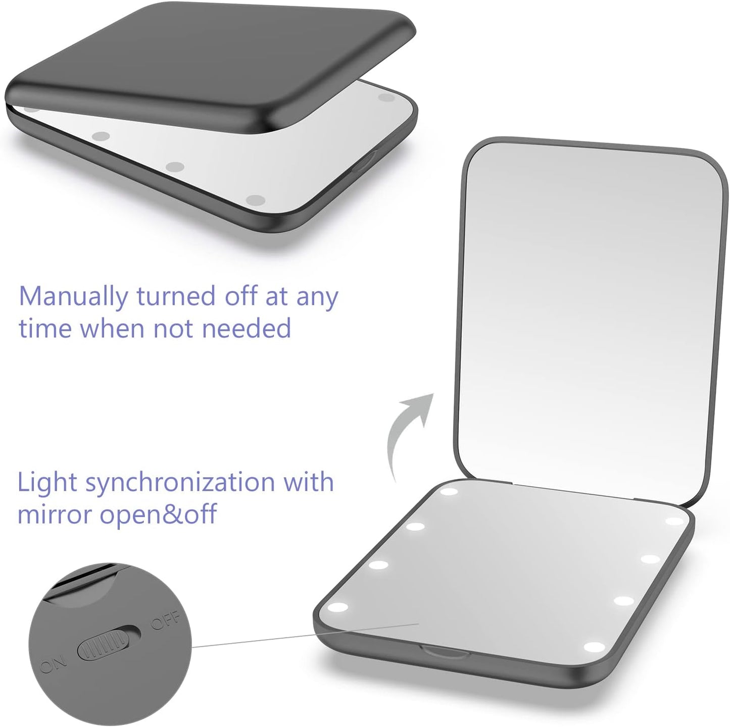 wobsion Small Mirror with Lights,LED Compact Makeup Mirror,1x/3x Mini Travel Mirror with Magnification,Portable Hand Held Mirror for Purse,Pocket,Gifts for Girls,Black