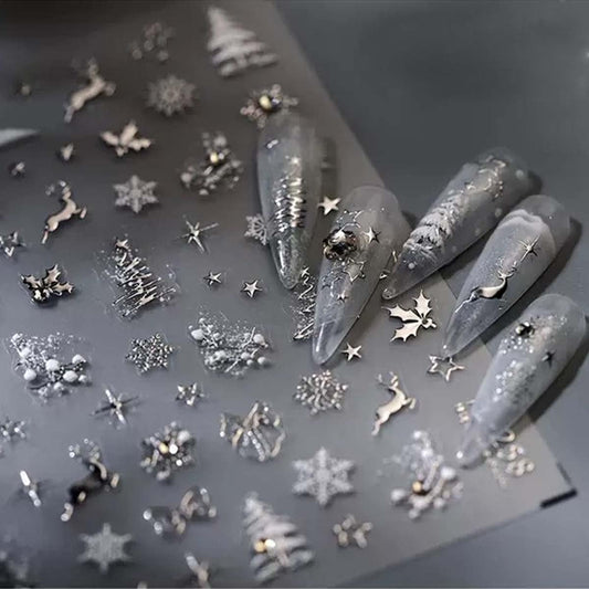 5D Embossed Christmas Nail Art Stickers Sliver Xmas Nail Art Decals Xmas Tree Nail Sticker