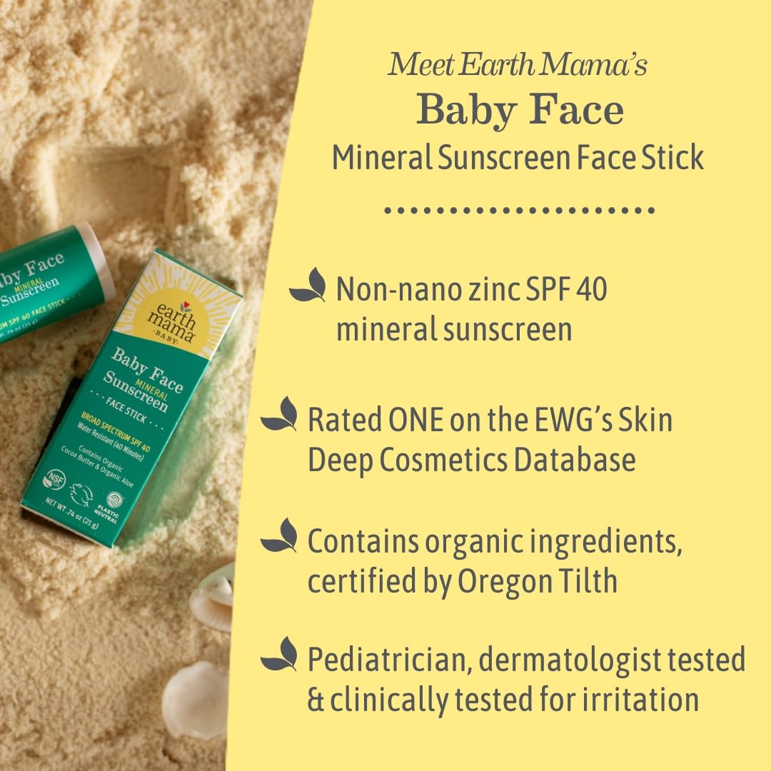 Earth Mama Baby Face Mineral Sunscreen Stick SPF 40 | Non-Nano Zinc, Natural Water Resistant Sun Cream for Babies, Kids & Adults 0.74-Ounce, 3-Pack