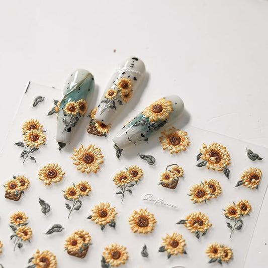 Flower Nail Art Stickers 5D Embossed Sunflower Nail Stickers for Nail Art Self-Adhesive Summer Nail
