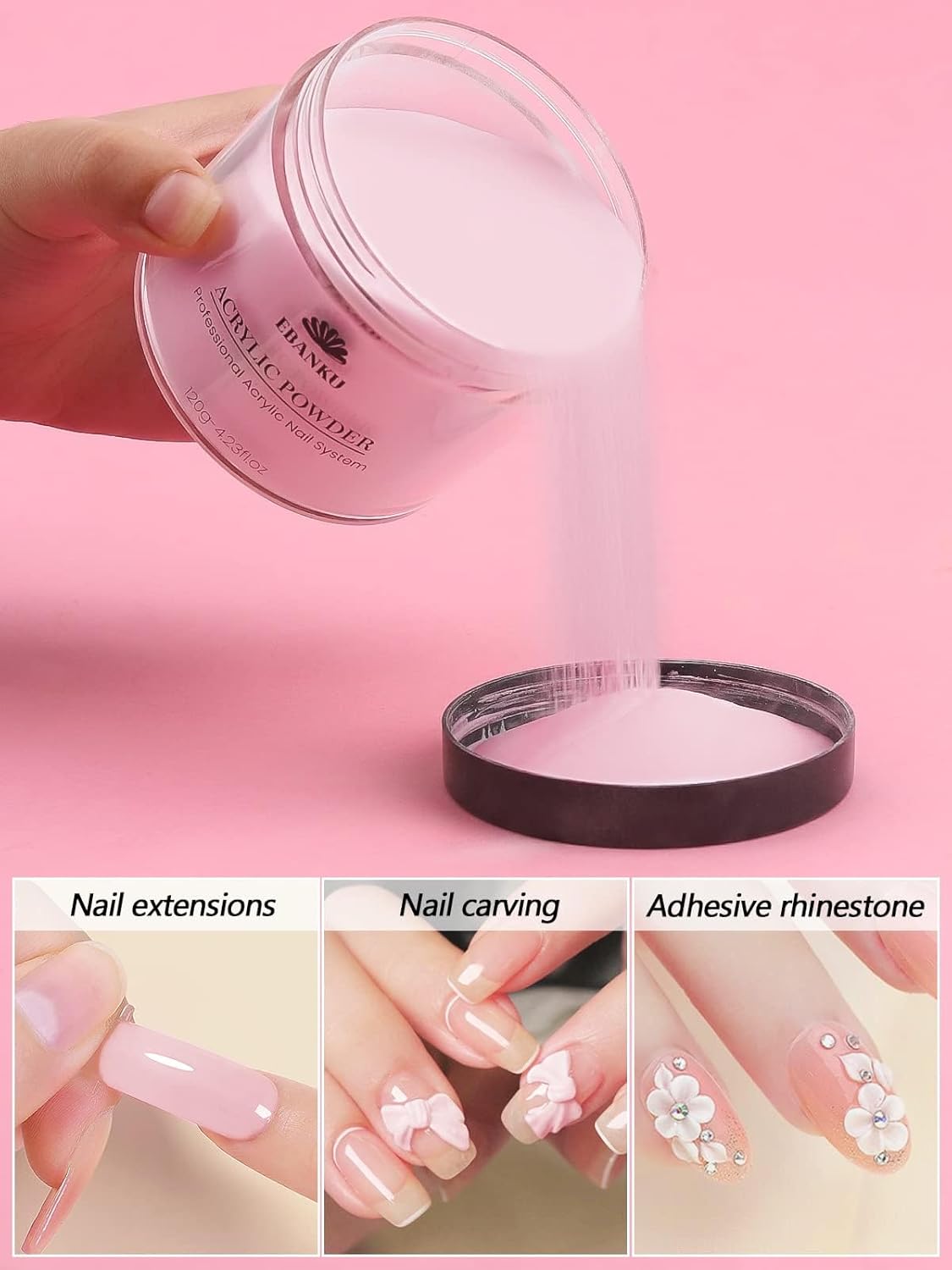 EBANKU Pink Acrylic Powder, 120g/4.23oz Acrylic Powder Large Capacity Professional Acrylic Nail Powder for Nail Acrylic Extension, Nail Carving, Long-Lasting, No Nail Lamp Needed