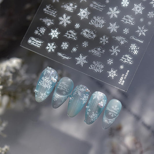 White Snowflake Nail Art Stickers Christmas Nail Decals Decorative Font Nail Stickers 5D