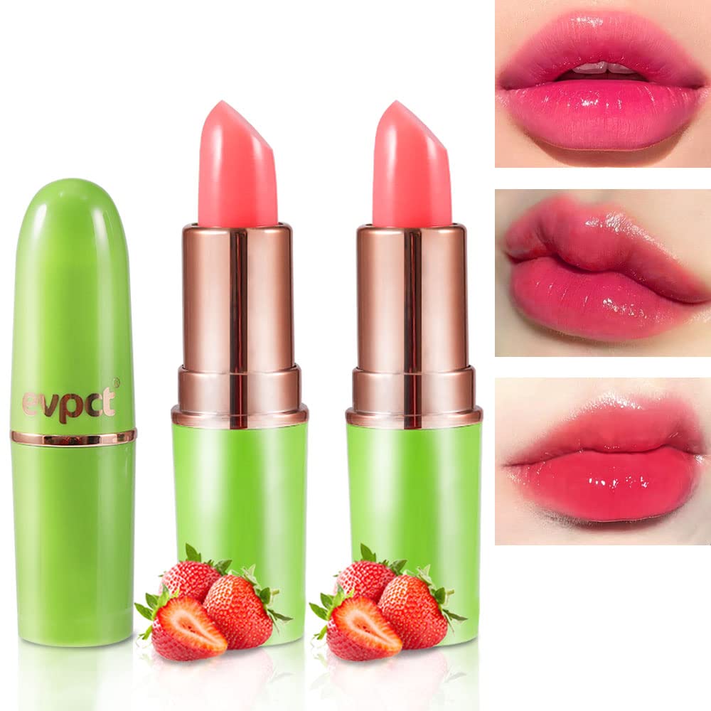 evpct 2Pcs Strawberry Color Changing Lipstick Tinted Lip Balm Gloss Stain Set Magic PH Color Changing Flower Lazy Korean Jelly Lipstick Makeup Set labiales mate 24 horas originales labial magico