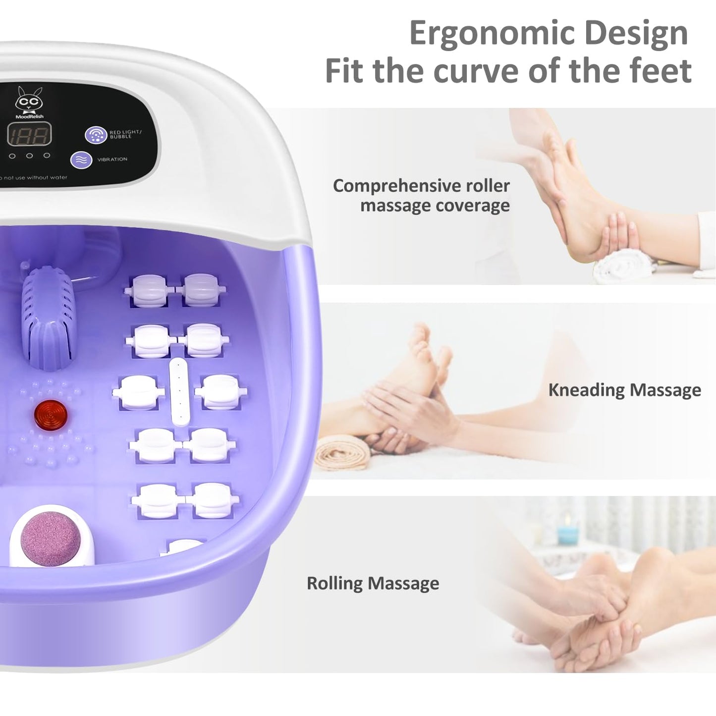 Foot Spa Bath Massager with Heat Bubbles and Vibration Massage and Jets, 16 OZ Calming Lavender Foot Soak Epsom Salt, MoodRelish Foot Soaker With Red Light, 22 Massage Rollers, Adjustable Temp -Purple