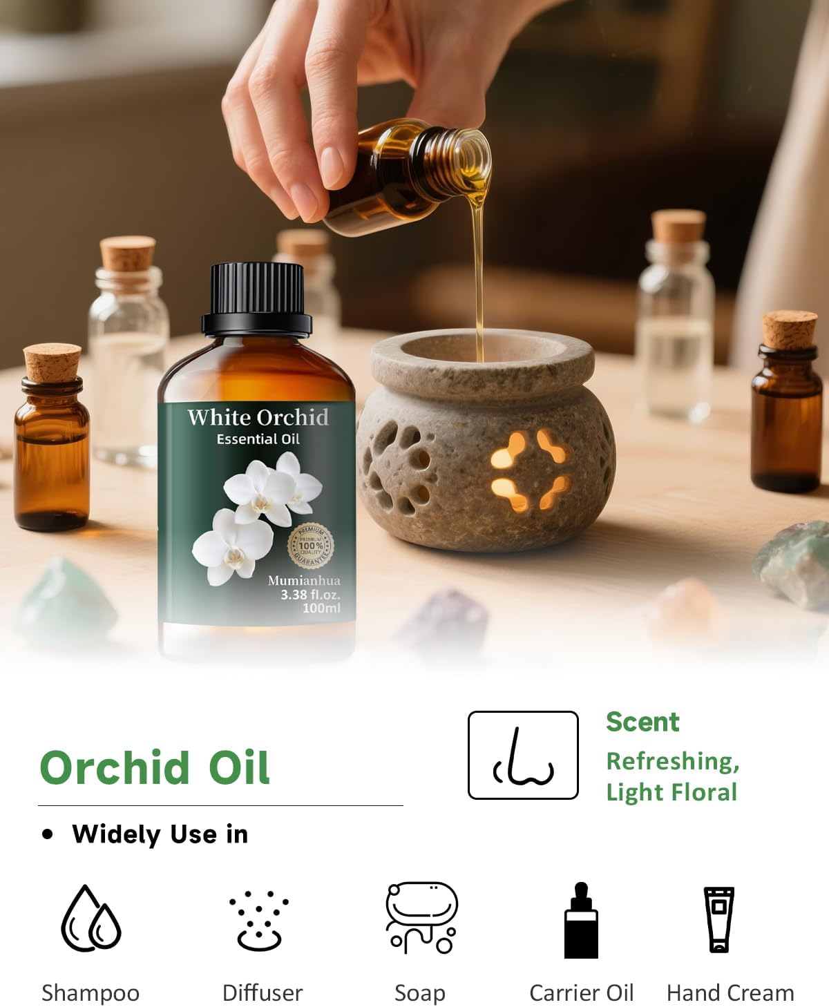 Mumianhua White Orchid Essential Oil Pure - Therapeutic Grade Aromatherapy Oil for Skin Care, Diffuser & Candle Making 100ml 3.38 Oz w/Dropper