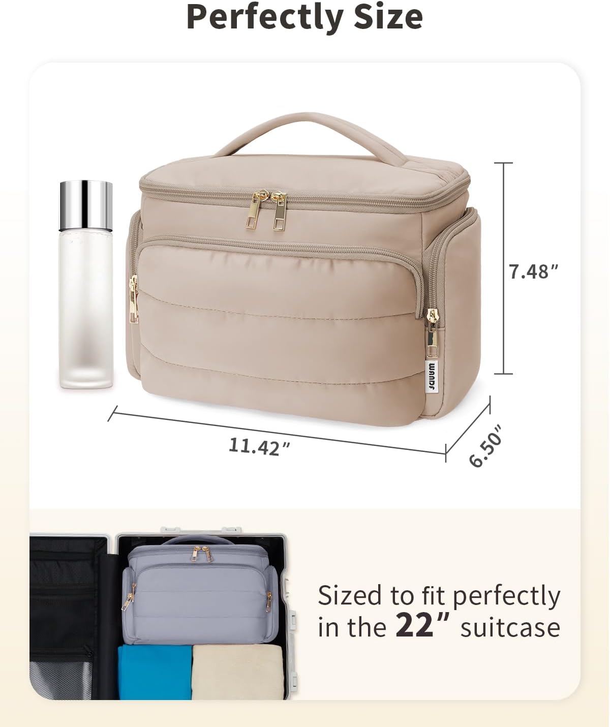 WANDF Travel Toiletry Bag for Women, Wide-open Large Makeup Bag with Handle, Puffy Makeup Organizer for Toiletries, Cosmetics, Accessories, Essentials (Light Khaki)