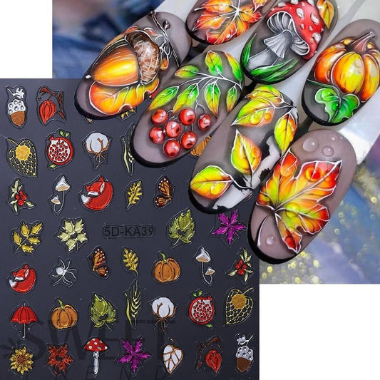 Fall Nails Stickers Autumn Leaves Nails Sticker 5D Embossed Maple Leaves Pumpkins Self Adhesive