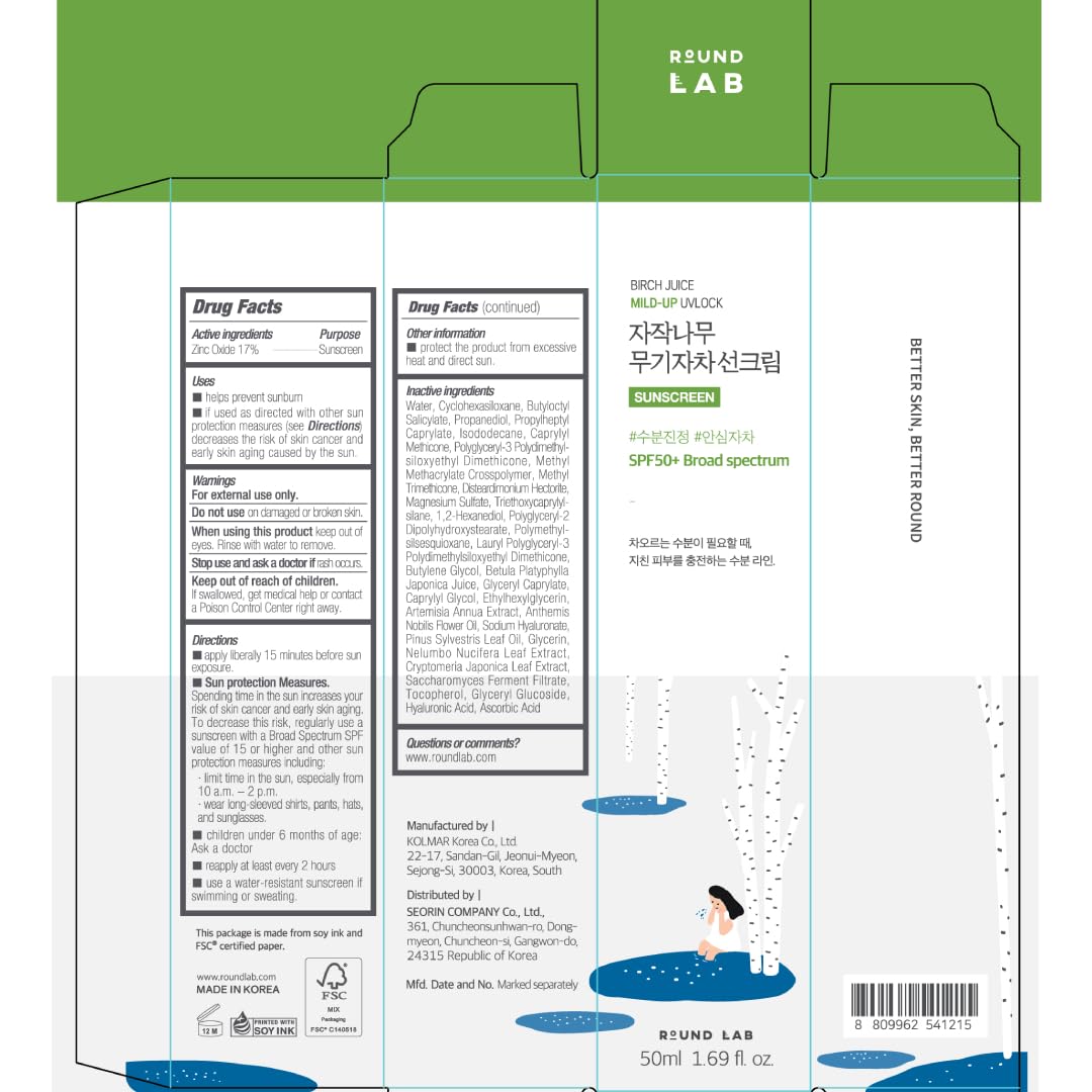 ROUND LAB Birch Juice Mild-up UV LOCK SPF 50+, Zinc Oxide Sunscreen, broad spectrum, lightweight