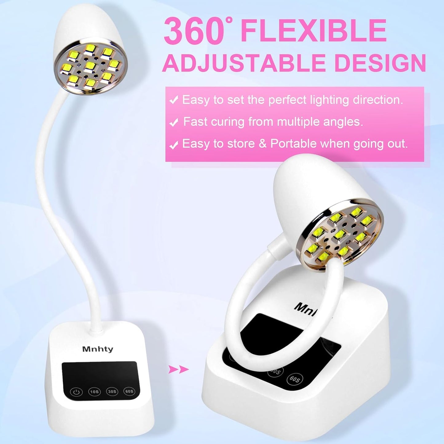 U V LED Nail Lamp, Goose Neck Flash Cure Lamp 27W Rechargeable Mini U V Light for Gel Nails, Cordless Flash Cure Light with 3 Timers&Sensor, Fast Curing Gooseneck Lamps for Gel X, Snow White