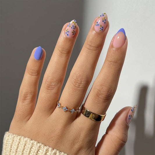 Summer Fall Press On Nails Short Almond, Nude and Blue Fake Nails Featuring Blue Floral Accents