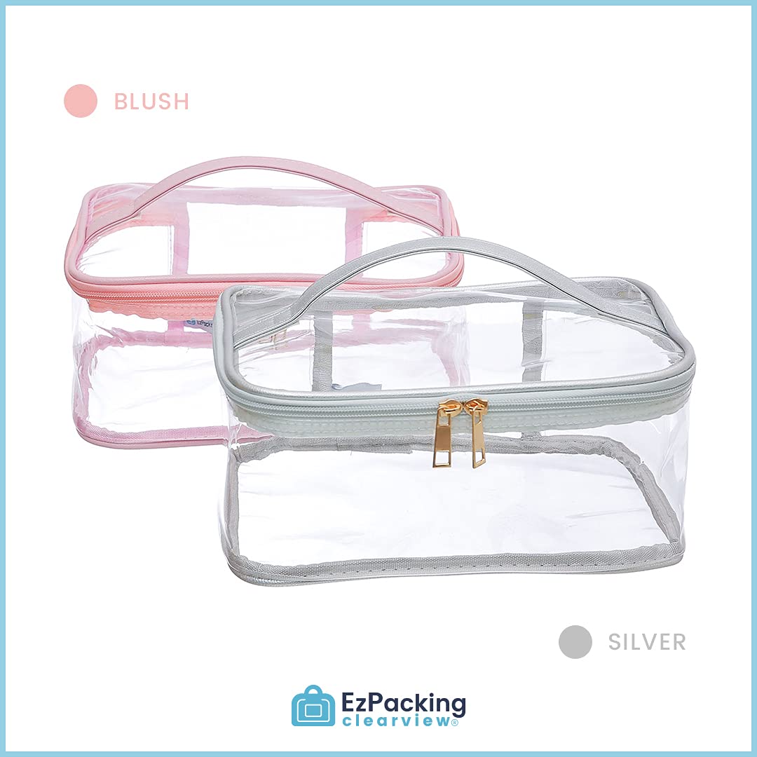 Large Cosmetic Bag for Women / Clear, See-Through Makeup, Hair & Nail Accessories Pouch for Travel or Home / Transparent PVC Plastic Organizer, Spacious Interior, Handle & Double Zippers (Silver)