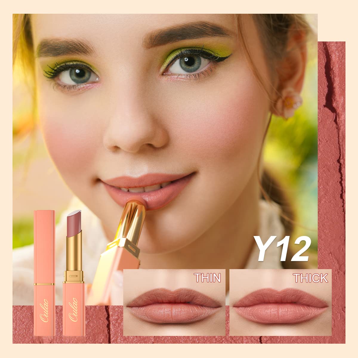 Oulac Nude Matte Lipstick for Women, Lipstick & Blush Duo, Peach Creamy Soft Satin Finish Lipsticks,Moisturising Formula,Rich Color Lightweight, Rose Oil,Vegan & Cruelty-Free| 3.6g (Y12
