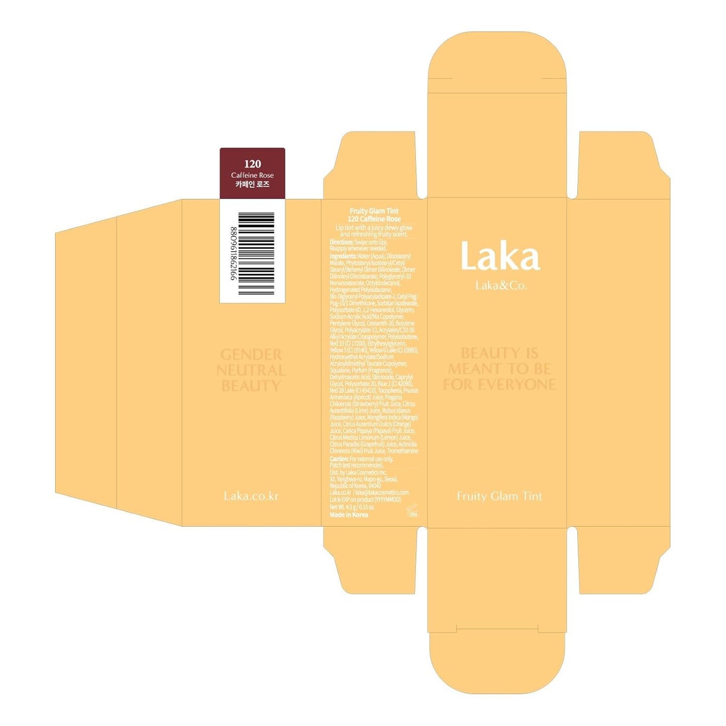 Laka Fruity Glam Tint, 4.5g/0.15 oz., Glowing Lip Stain with Wide Color Spectrum, Hydrating & Lightweight Texture, Long-Lasting Bold Stain, Non-Sticky, Vegan, K-Beauty (#120 Caffeine Rose)