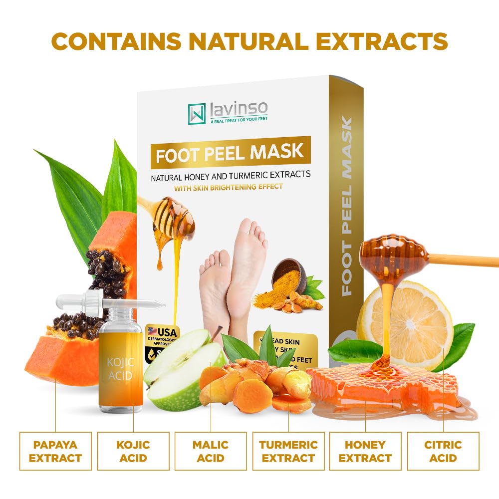 Lavinso Honey Feet Peeling Mask for Dry Cracked Feet - 4 Pack - with Kojic Acid Skin Brightening Effect - Exfoliating Dead Skin and Calluses - Foot Peel Mask for Baby Soft Feet