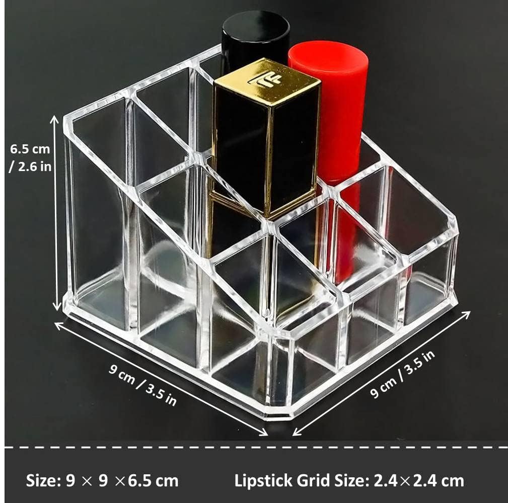 Acrylic Makeup Organizer Cosmetic Storage Display Case Makeup Brush Holder Organizer Lipstick Dispenser Canister Bathroom Container (3.5 x 3.5 x 2.6 in, 9 Partitions, Transparent)