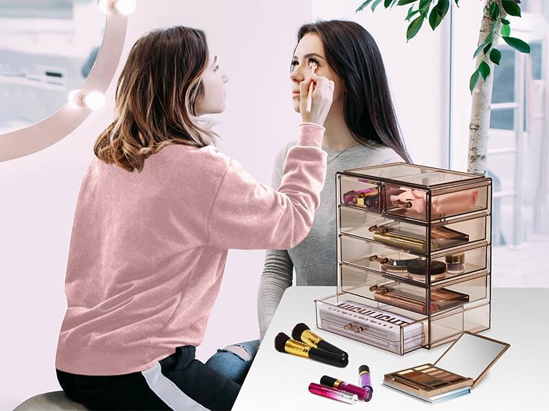 Sorbus Acrylic Clear Makeup Organizer - Big & Spacious Cosmetic Display Case - Stylish Designed Jewelry & Make Up Organizers and Storage for Vanity, Bathroom (4 Large, 2 Small Drawers) [Bronze Glow]