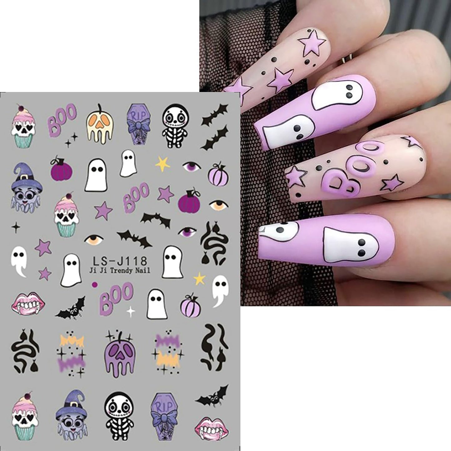 Halloween Nail Art Stickers 6 Sheets Cute Ghost Pumpkin 3D Self-Adhesive Nail Decals Bat Cat Skull Designs Nail Decorations Halloween DIY Manicure Supplies for Women Girls&Kids