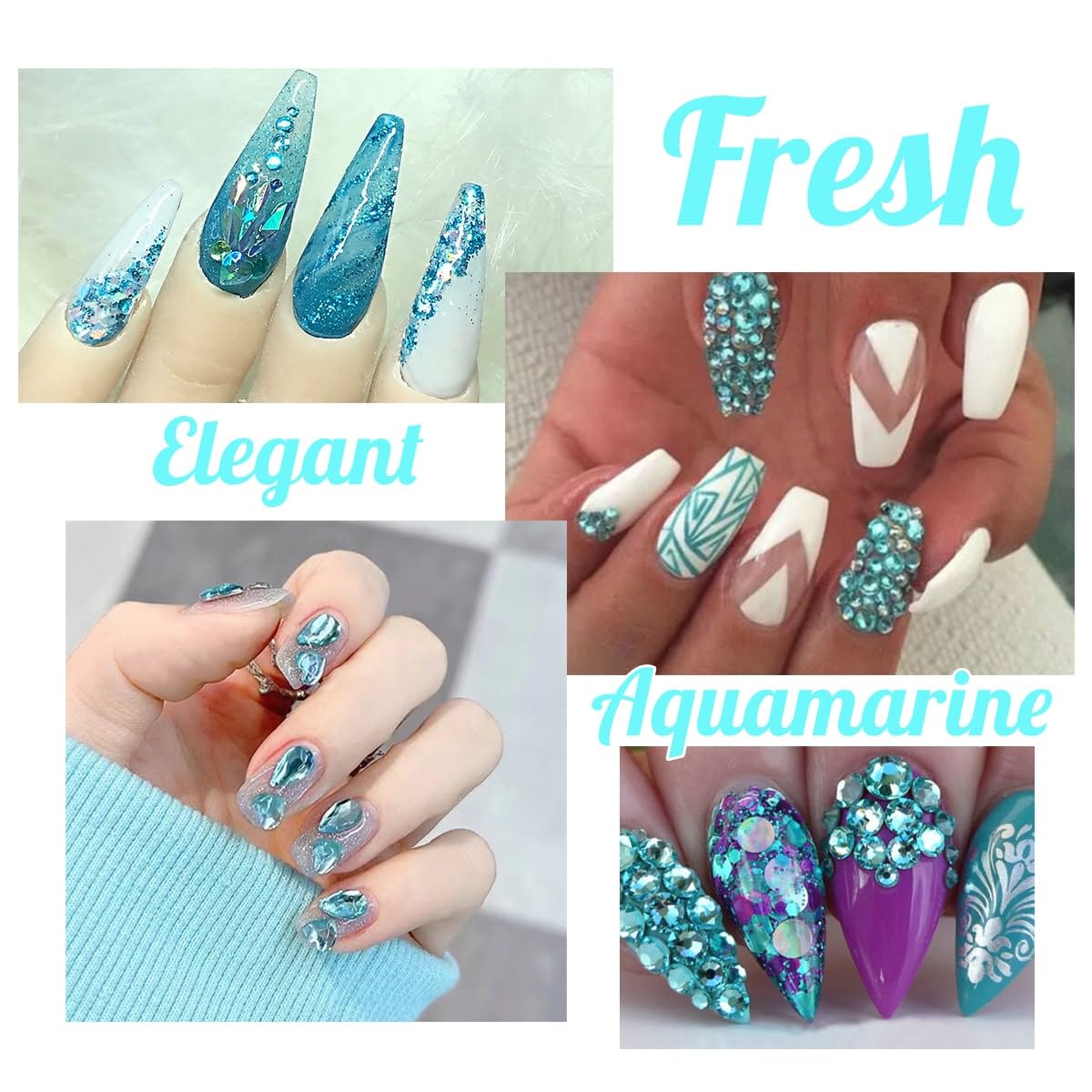 24 Styles Aquamarine Nail Rhinestones Lake Blue Stones Diamonds K9 Glass Flatback Water Blue Crystals Gems Jewels Nail Art Charms Supplies for Nails Face Eyes Makeup DIY Crafts Tumblers Clothes