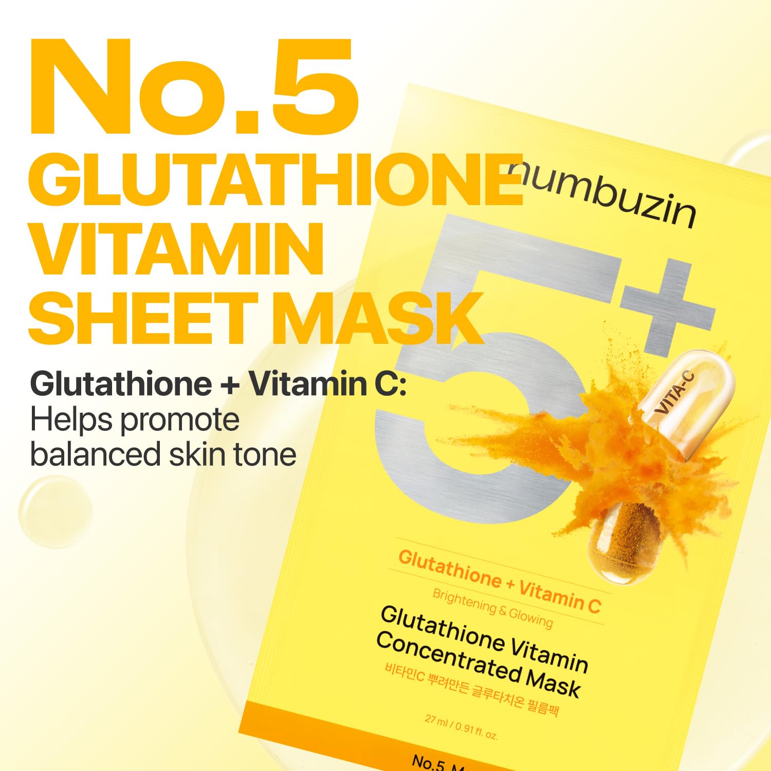 numbuzin No.5 Sheet Mask | Vitamin Spotlight Sheet Mask | Glutathione and Vitamin C | Reduces