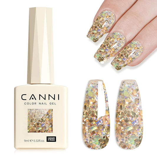 CANNI Glitter Gel Nail Polish – 9ML Broken Gold Prism Flash Gel Polish, Holographic Gold, Soak Off