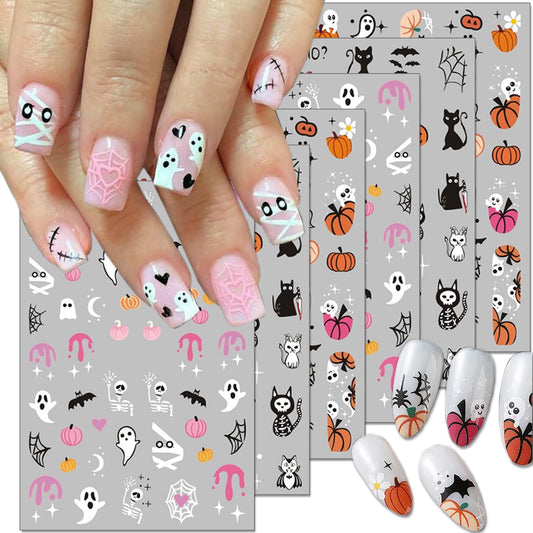 6Sheets Halloween Nail Art Stickers 3D Cute Zombie Ghost Decals Pumpkin Blood Skull Spooky Design