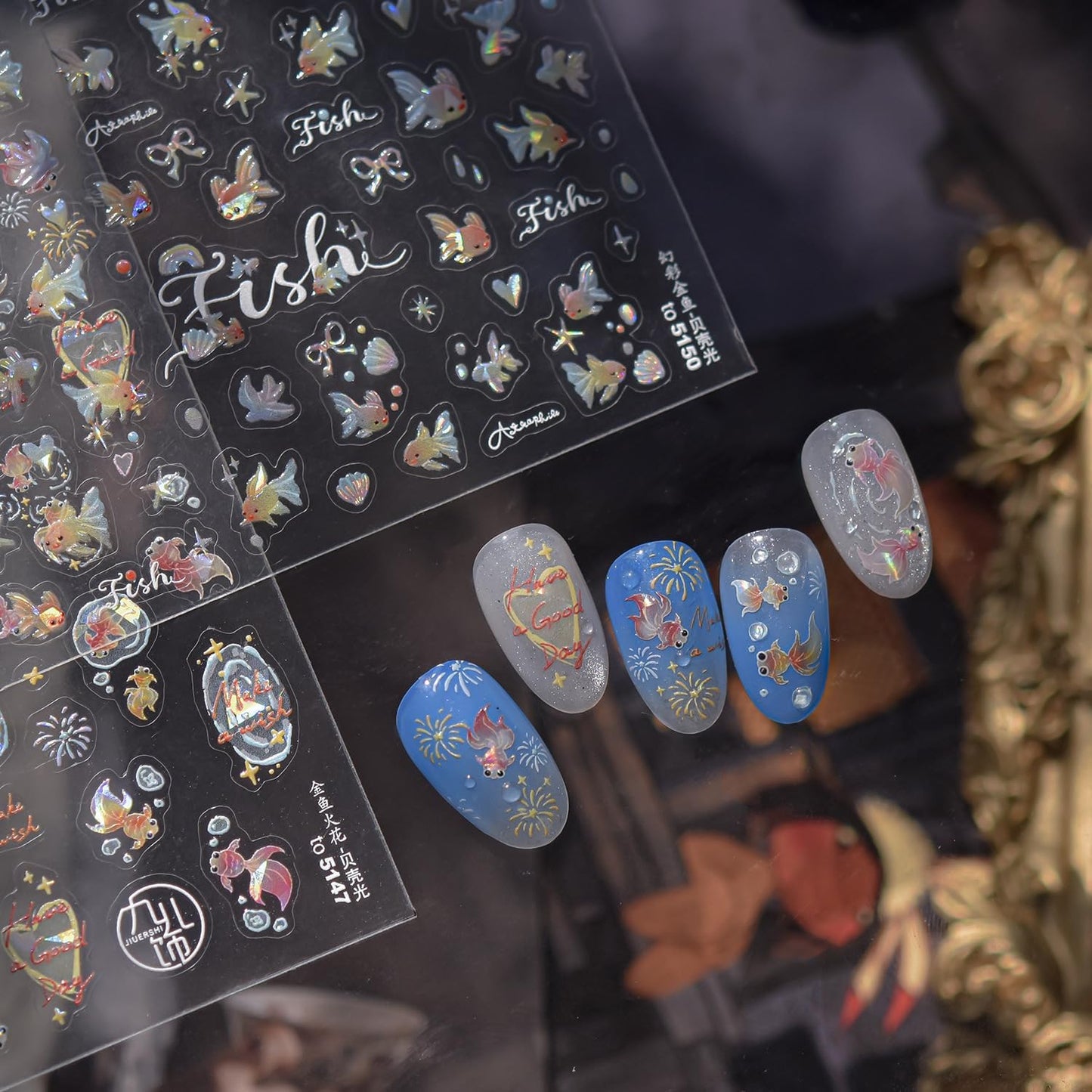 Goldfish Nail Art Stickers Sparkly Koi Fish Nail Stickers 5D Embossed Koi Lotus Leaf Chinese Style Manicure Decals Accessories Shell Light Goldfish Adhesive Slider for Women DIY Nail Art Decorations