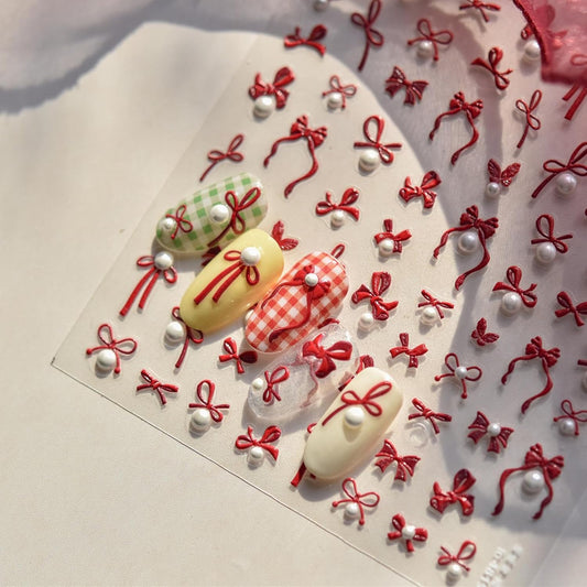 Bow Nail Art Stickers 5D Embossed Nail Decals Self Adhesive Red Nail Sticker for Nail Art Pearl
