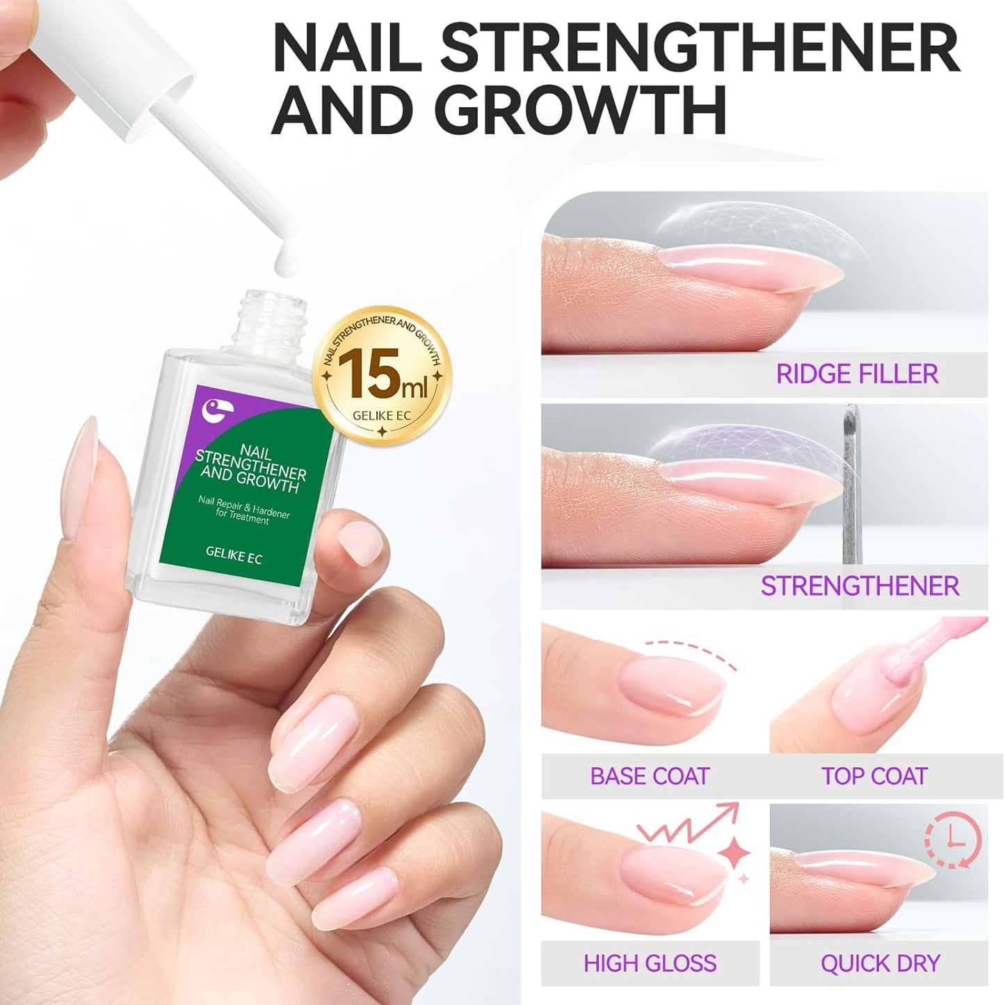 Gelike EC Nail Strengthener for Man: Milky White 15ml 6 in 1 Natural Nail Hardener Extra Strong and Growth - Nail Polish Hardener for Weak and Damaged Nails