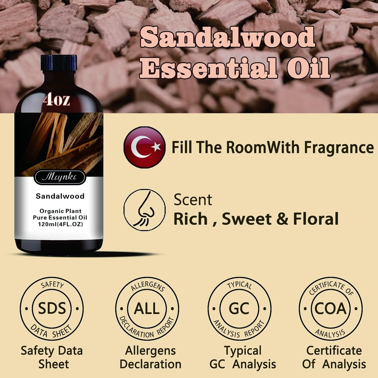 Sandalwood Fragrance Oil-Sandalwood Essential Oil 4.33oz (130ml)-100% Pure Natural Scent for Diffusers, Candles, Soap Making & Aromatherapy-Relaxing Home & Gift Essential Oil for Bath, Massage