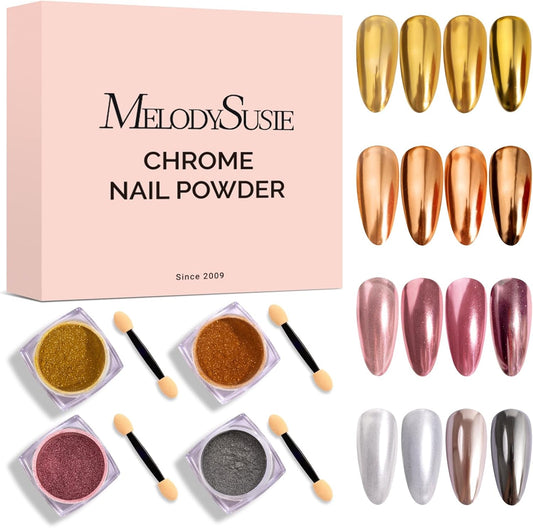 MelodySusie 4Pcs Chrome Nail Powder for Gel Nails,Metallic Mirror Effect Pigment Stylish and