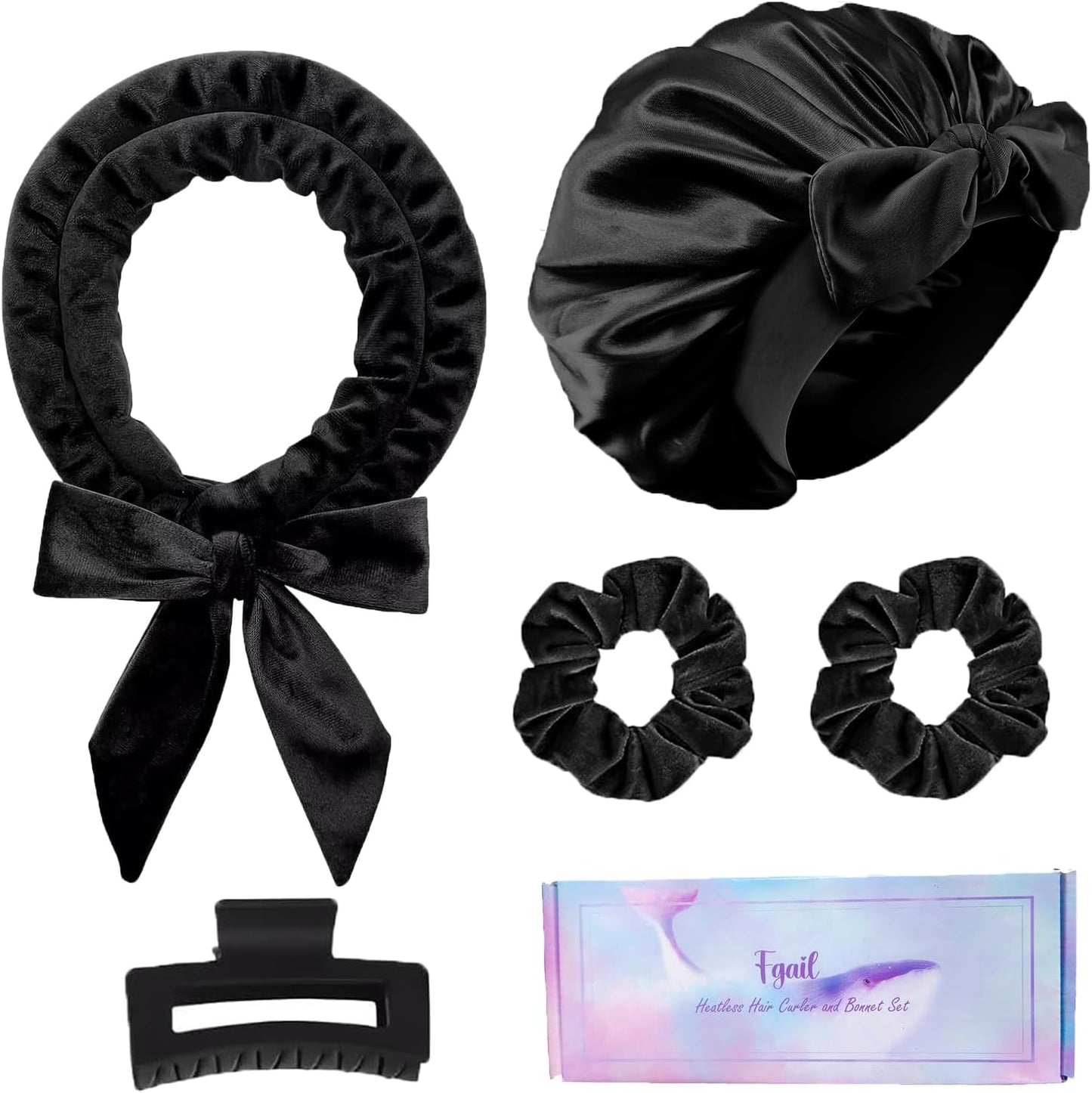 Heatless Hair Curler and Double Layer Satin Bonnet Set for Overnight Curls - No Heat Curling Rod with silk Bonnet, Sleep-In Safe for Long/Medium Hair, Frizz-Free Waves & Volume(Black)