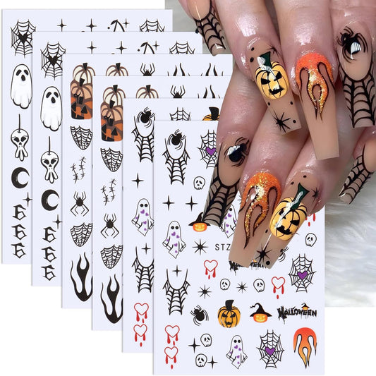 6 Sheets Halloween Nail Art Stickers Spider Web Nail Decals Pumpkin Ghost Nail Stickers Bat Heart