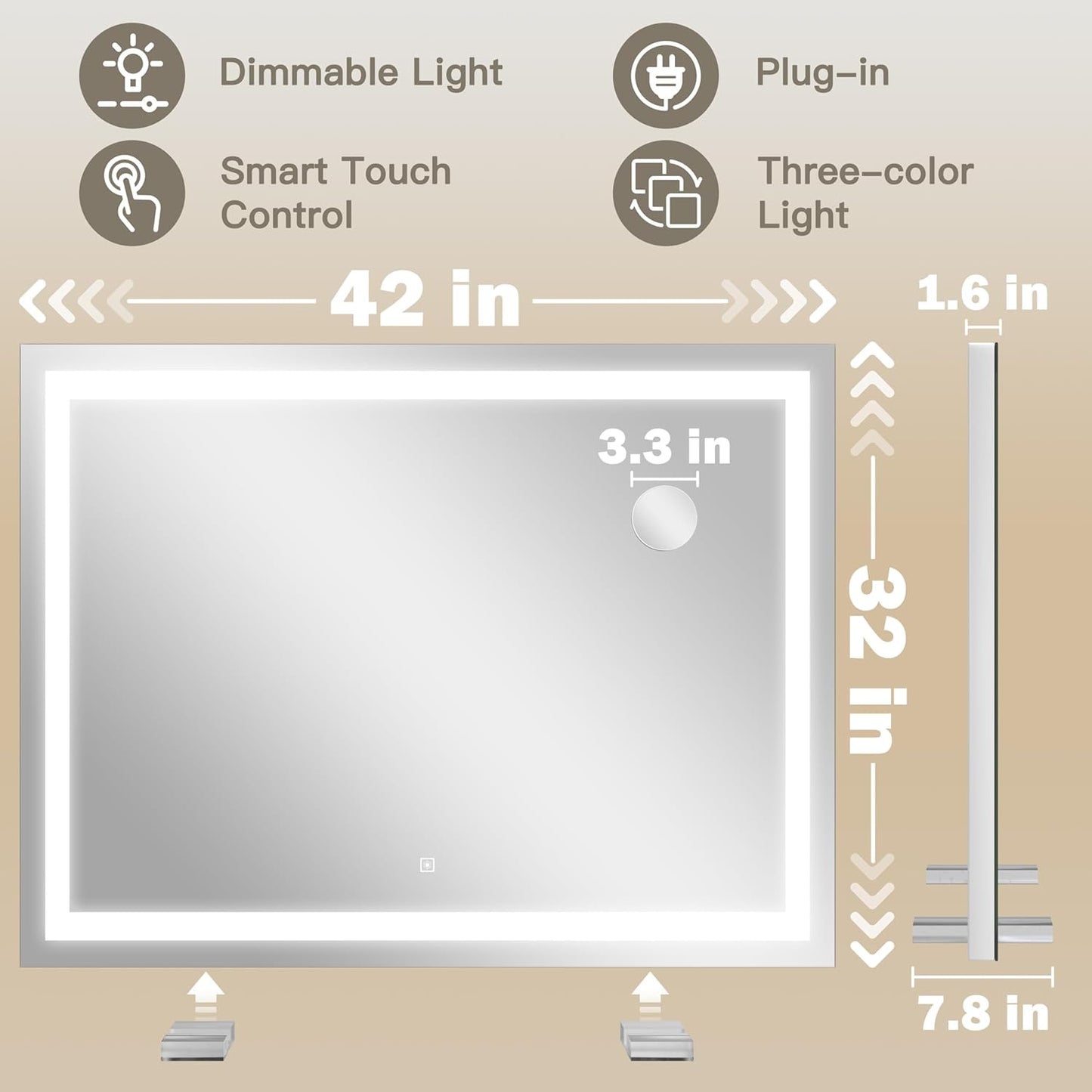 42x32 Inch Lighted Vanity Mirror, 3-Color Lighting & Dimmable Modes, Large LED Makeup Mirror for Bathroom/Dressing Room (Wall/Tabletop Mount, White)