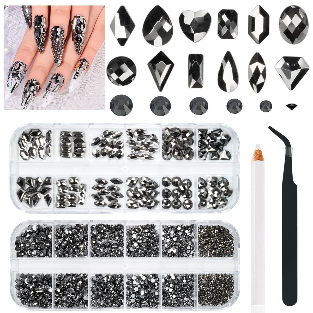 2630Pcs Mine Black Nail Rhinestones 120 Multi Shapes Metallic Black Big Gems Nail Charms +2510 Flatback Rhinestones Round Beads K9 Glass Stones Nail Art Diamonds jewels for Nails Eyes Makeup Crafts