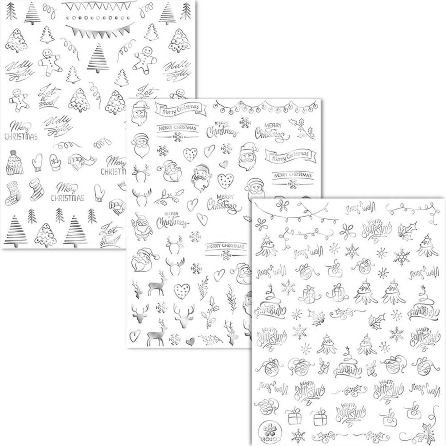 HNUIX Nail Stickers - 3D Christmas, Self Adhesive Nail Decals, Multi Pattern, Silver, 9 Sheets, for Nail Art