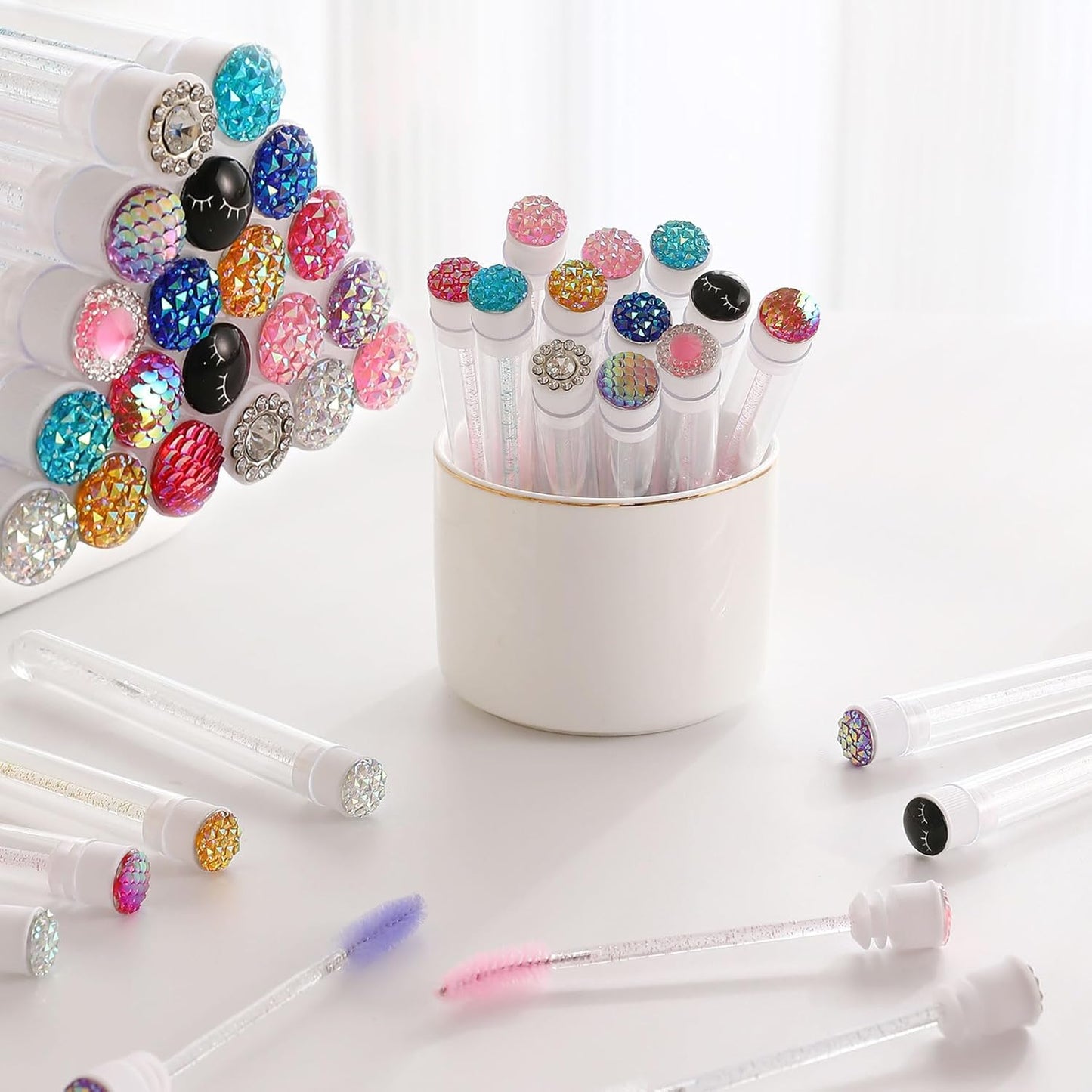 Upgrade 48 Pieces Disposable Mascara Wands Set,Diamond Mascara for Women and Girls- Include 24 Pcs Crystal Lash Spoolies Brush and 24 Pcs Reusable Keychain Empty Eyelash Brush Tubes