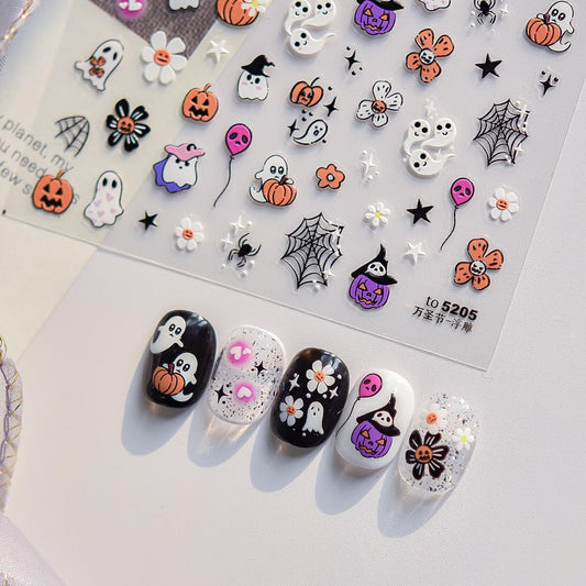 5D Embossed Halloween Nail Stickers Cute Ghost Self-Adhesive Nail Art Pegatinas Uñas with Horror