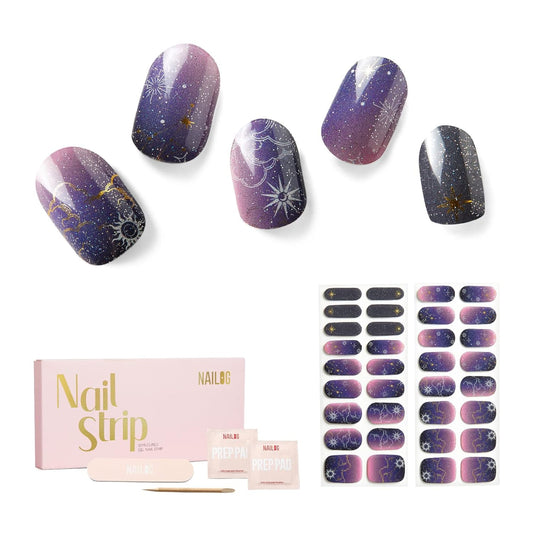 Nailog Semi Cured Gel Nail Strips 34 pcs | Long Lasting Nail Polish Sticker Wraps with Glossy Gel