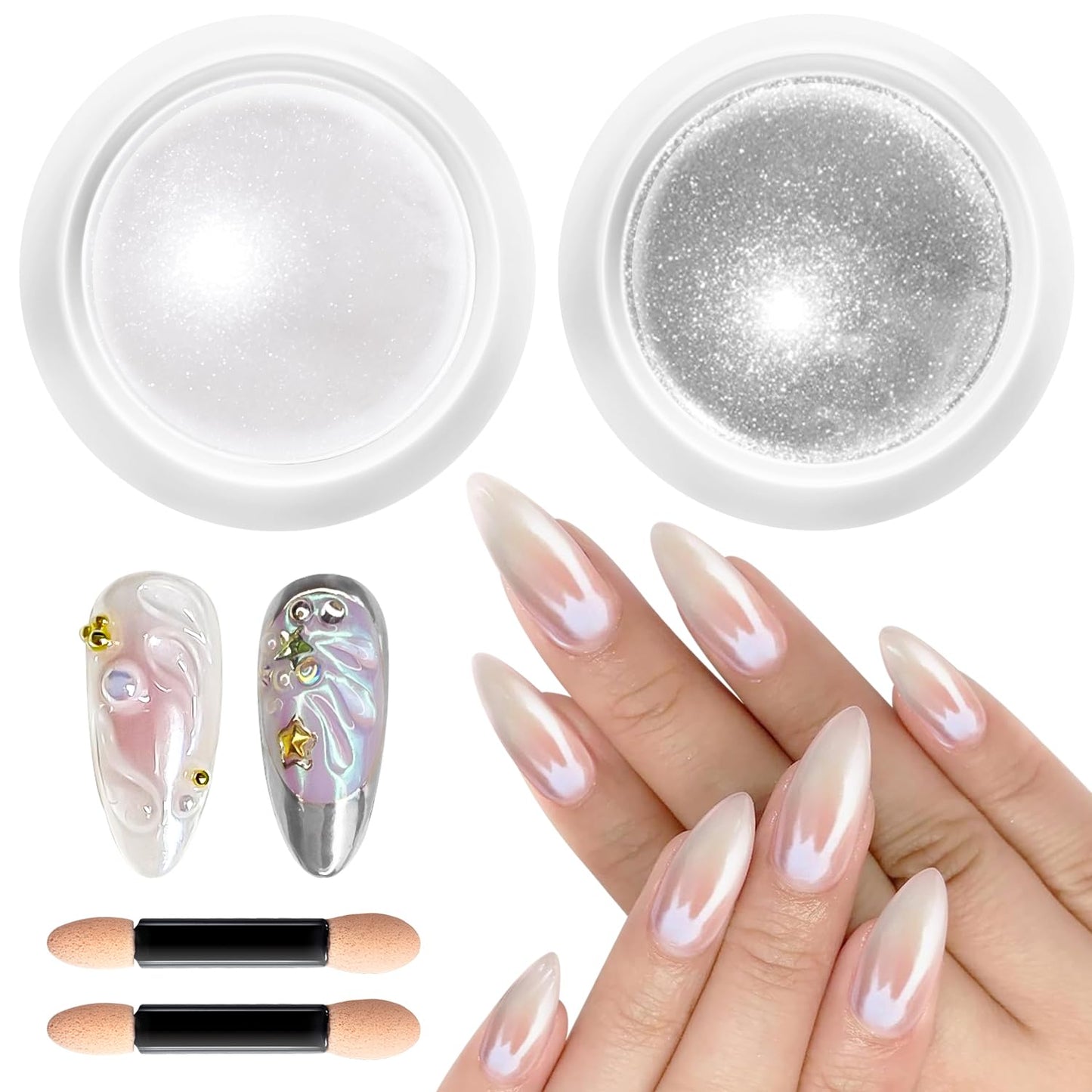 Pearl Chrome Nail Powder BISHENGYF -【Metallic Mirror Effect】Magic Mirror Silver Chrome Nail Powder White Aurora Mermaid Iridescent Nail Chrome Powder Glitter Pigment Dust For Nail Art Decroation DIY