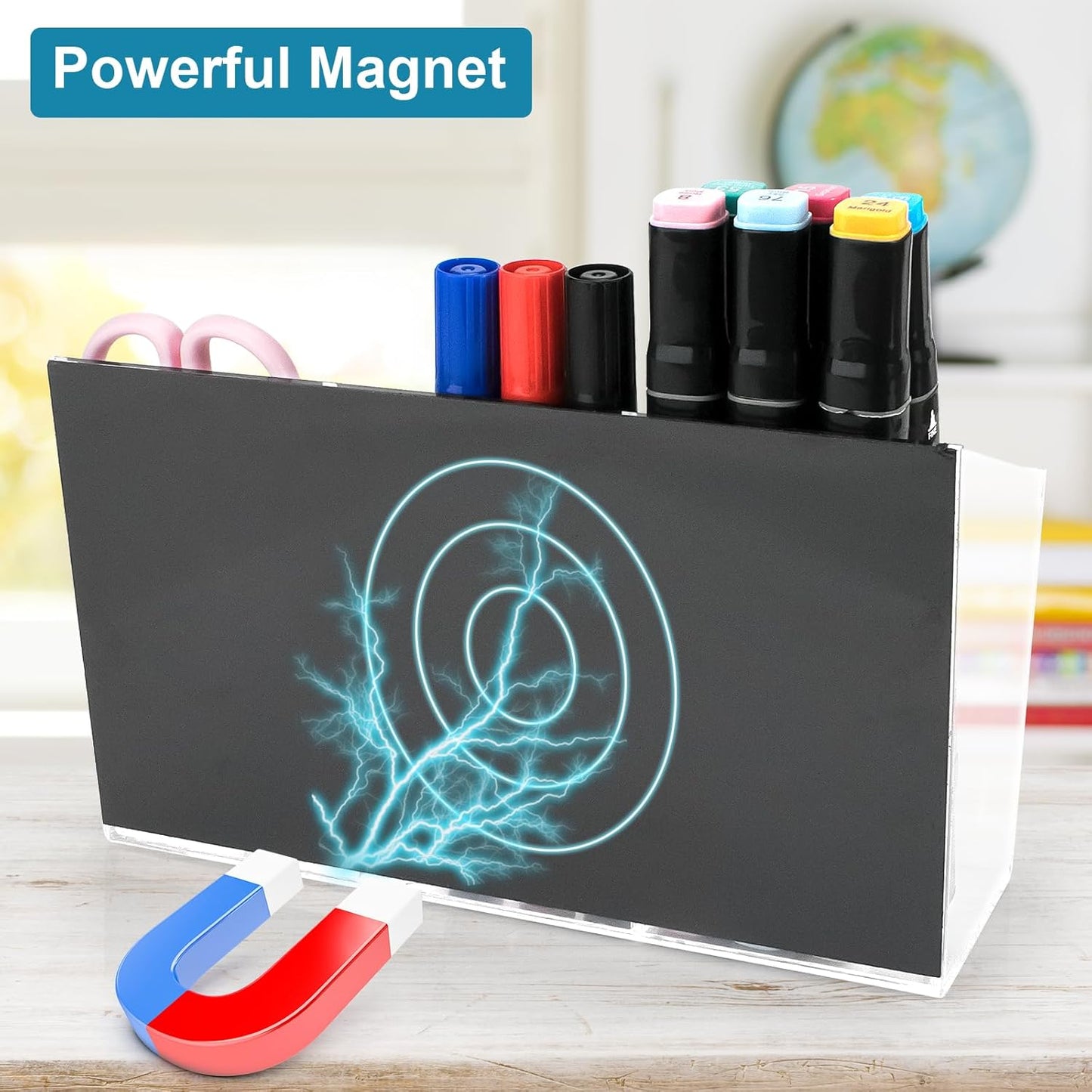 Magnetic Pen Holder, Acrylic Dry Erase Marker Holder, Large Capacity Pencil Holder for Whiteboards, Fridge, Lockers Office School Supplies (Clear & 3 Compartments)