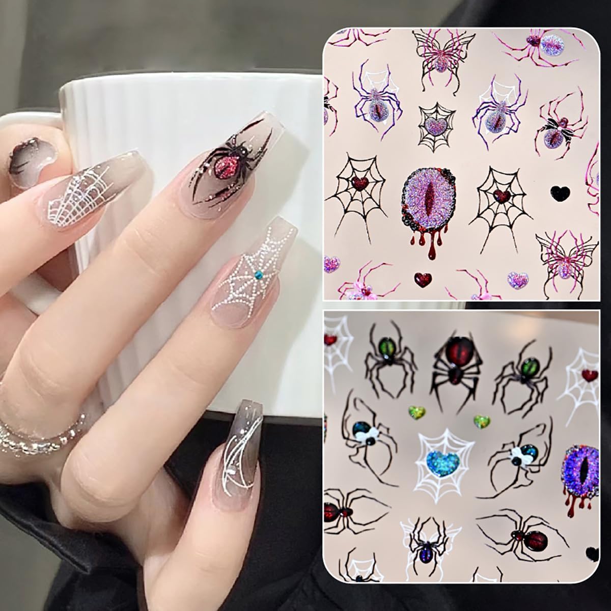 Halloween Nail Stickers 3D Self-Adhesive Goth Nail Art Stickers Black Spider Web Spider Heart Glitter Design Halloween Acrylic Nail Art Decoration Cute Horror Nail Decals for Women Acrylic Nails DIY