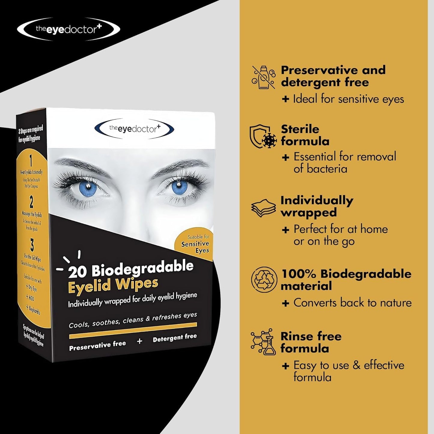The Eye Doctor Biodegradable Eyelid Wipes - 40 x Single Use Eye Cleaning Wipes for Daily Lid Care - Individual Preservative Free Sensitive Eye Cleaner - Soothes Cleans and Refreshes