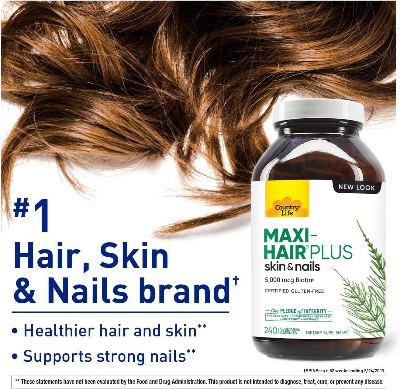 Country Life, Maxi-Hair Plus Biotin, Supports Healthy Hair, Skin and Nails, Daily Supplement, 240 ct