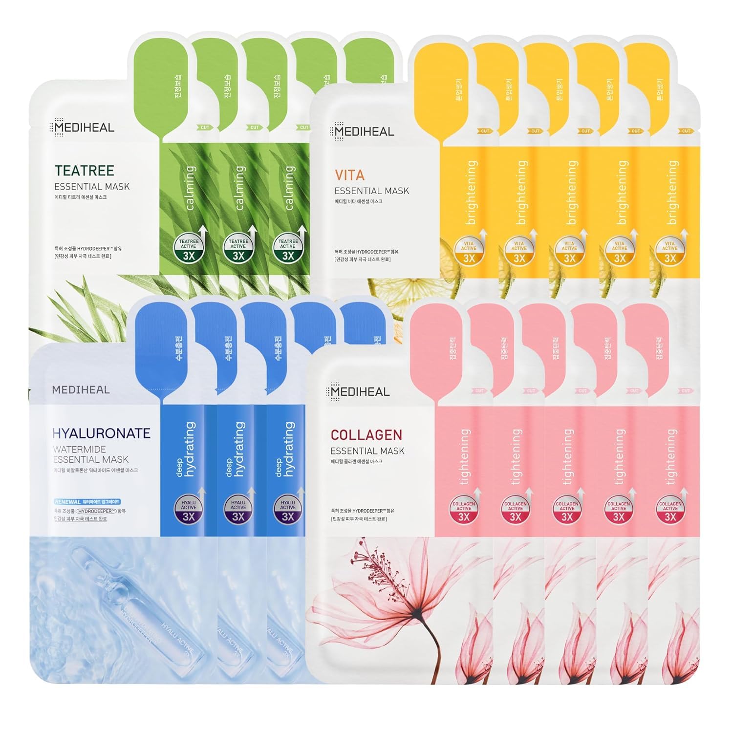 MEDIHEAL Sheet Mask Essential HERO 20 Pack (Collagen, Tea Tree, Vita, Hyaluronate)| Korean Skincare