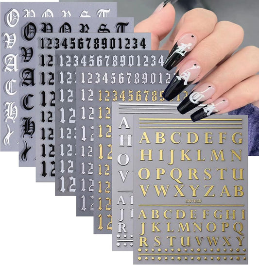 8 Sheets Letters Nail Stickers Decals Alphabet Numbers Nail Decals for Nail Art 3D Self-Adhesive
