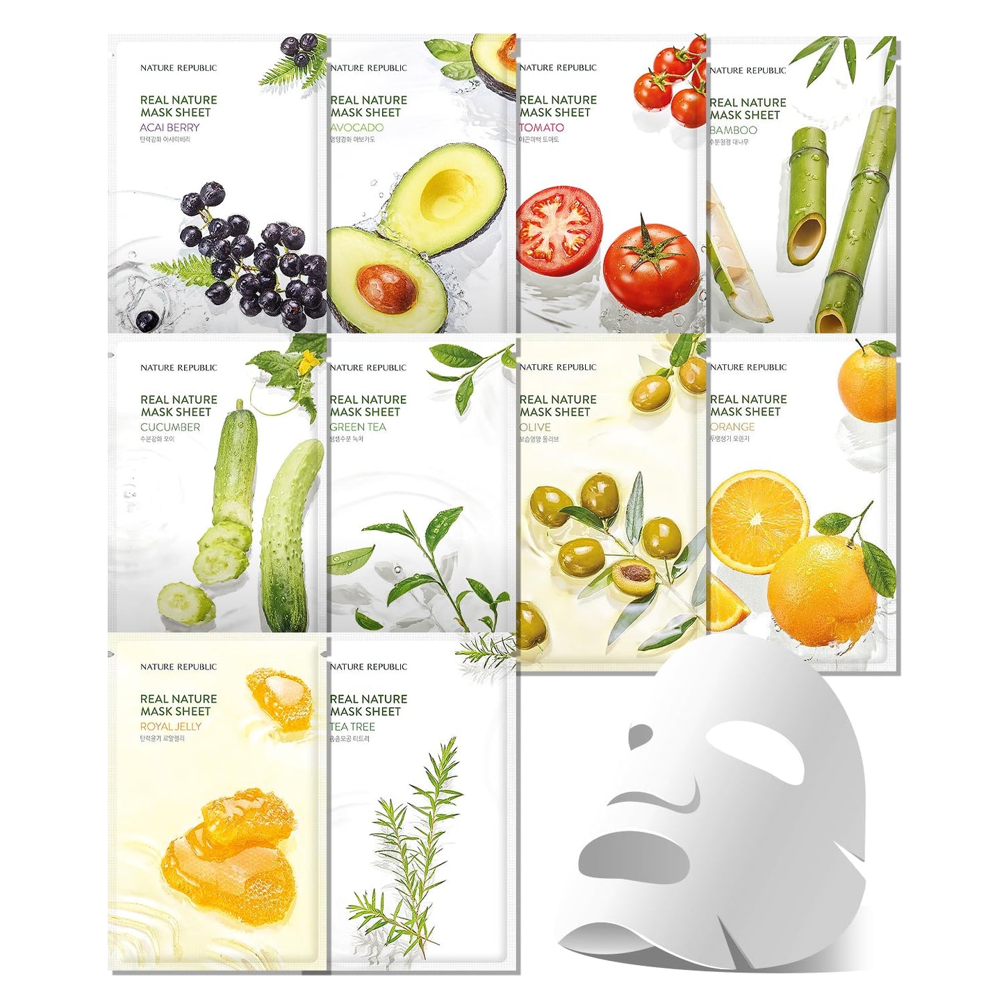 Nature Republic Real Nature Sheet mask set (10 Pack) | Moisturizing & Soothing Facial Masks with