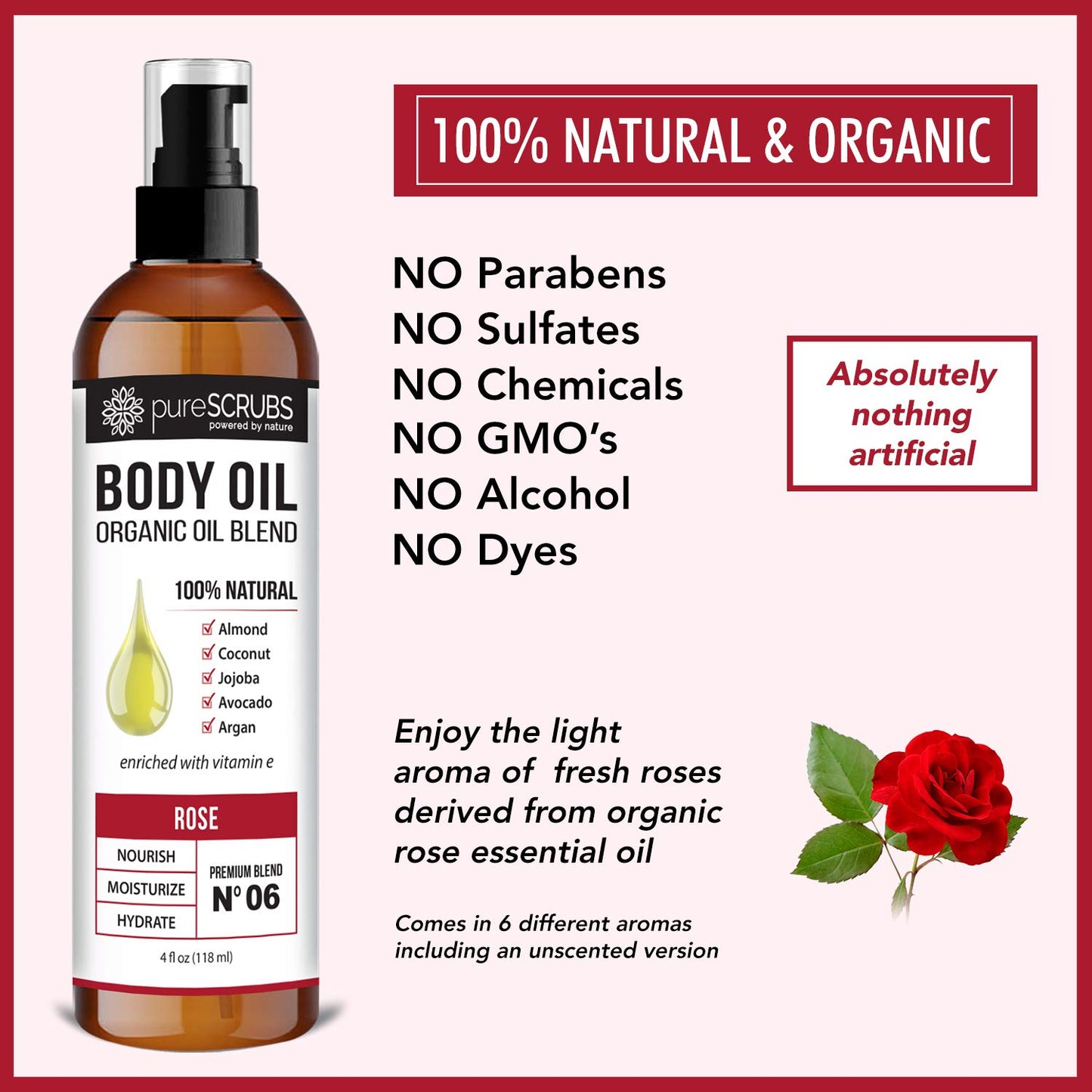 pureSCRUBS Ultra Moisturizing Rose Body Oil Spray for Dry Skin, Massage, Cuticles & More, Organic Super Blend of Jojoba, Argan, Coconut, Sweet Almond & Avocado Oils Enriched with Vitamin E, Lg 4oz