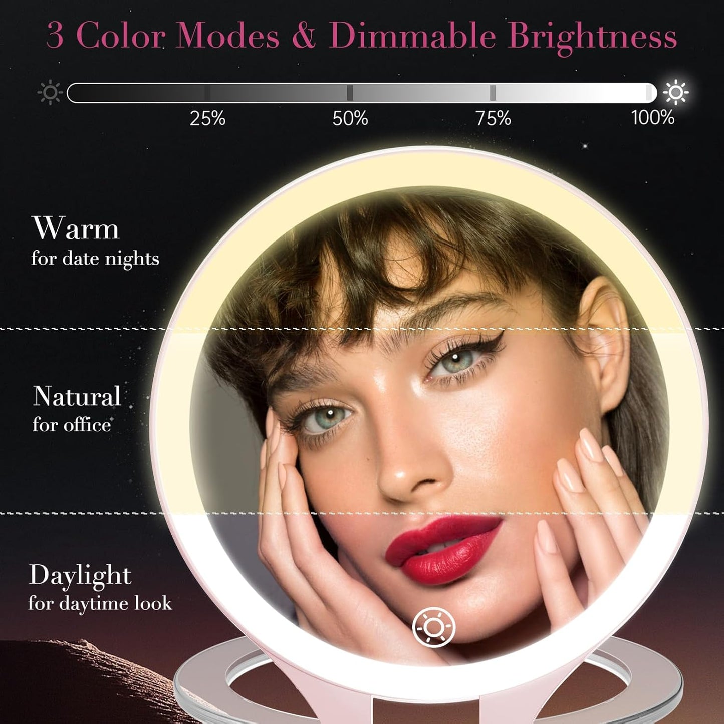 Magnifying Mirror with Light 10X/1X, Double Sided travel mirror with light, Rechargeable makeup mirror with 3 color setting Adjustable stand Lighted mirror Vanity Portable Desk Cosmetic Mirror